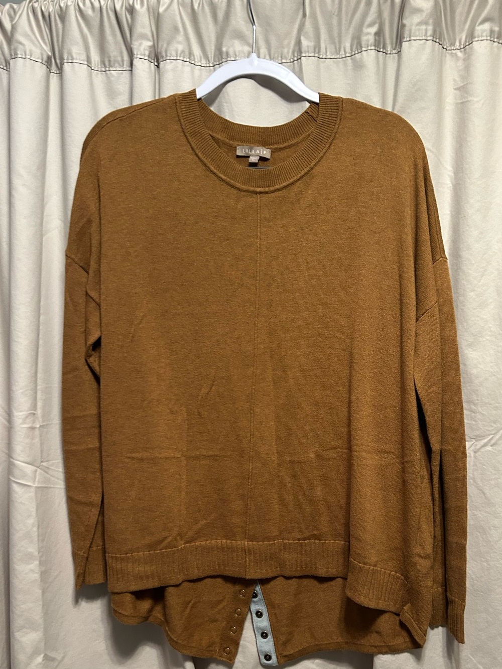 Lilla P Camel-Brown Crewneck Sweater with Layered Hem